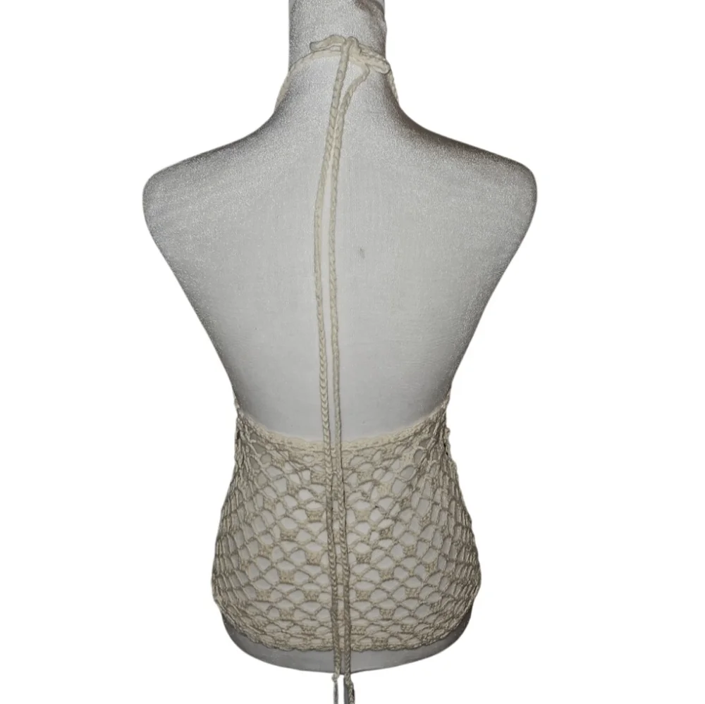 Hand Crafted Crochet Crop-Top Handmade Fishnet Swim Design Cream Summer Layer OS - Picture 7 of 17